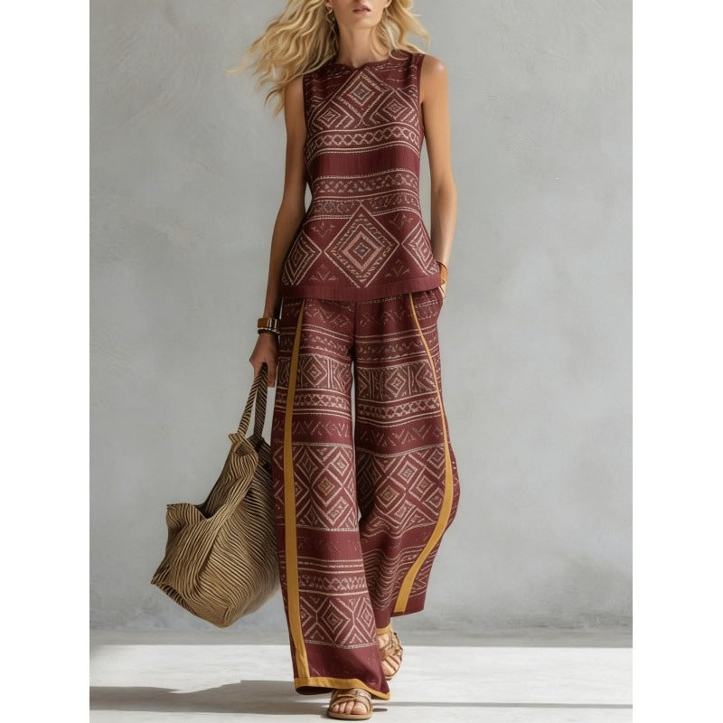Boho Floral Trim Sleeveless Wide Leg Two Piece Set