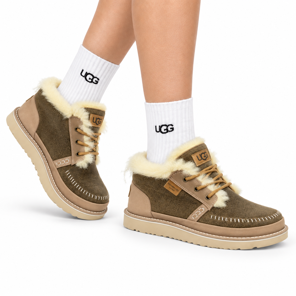 UGG Taupe Shearling-Collar Leather Boots