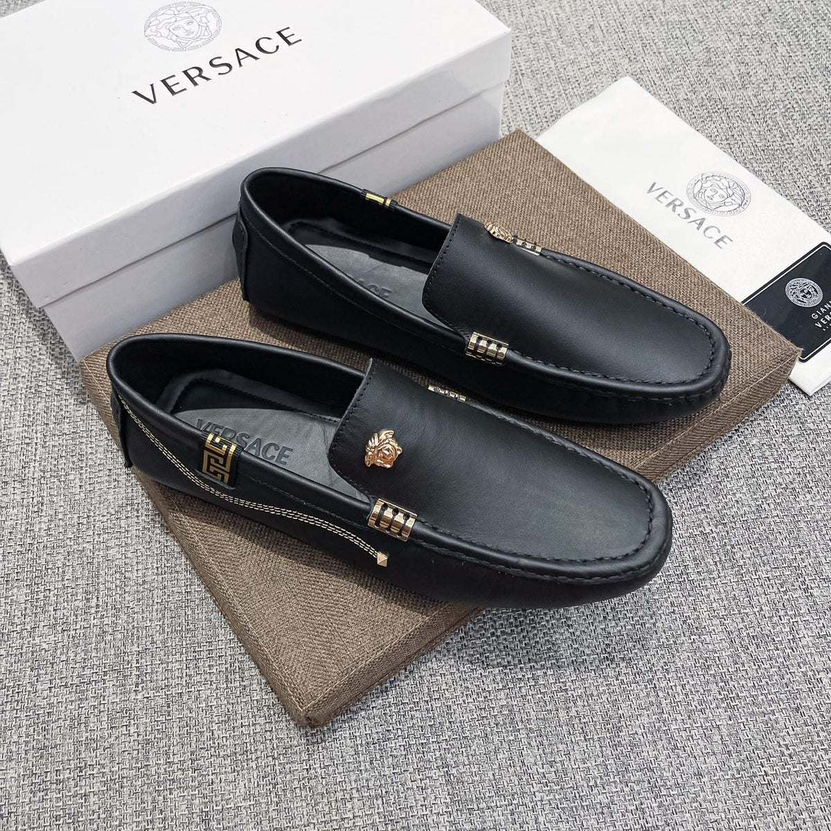 Versace Black Leather Loafers with Gold-Tone Accents