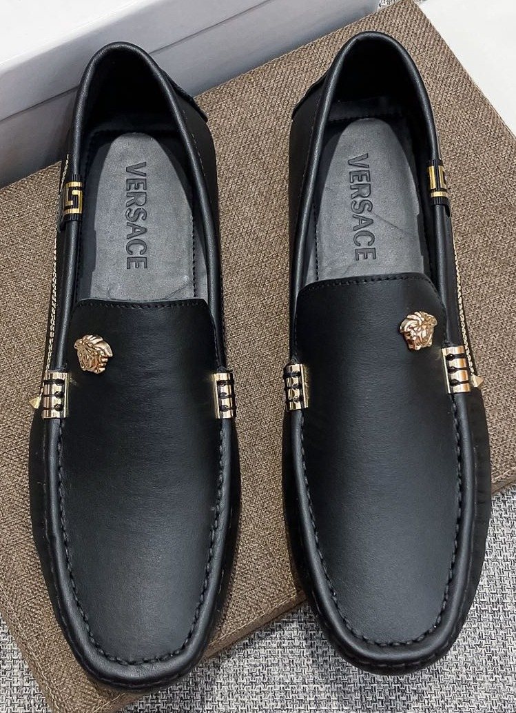 Versace Black Leather Loafers with Gold-Tone Accents