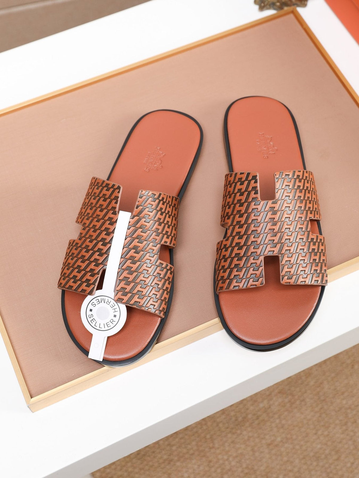 Hermes Brown Patterned H Slide Sandals