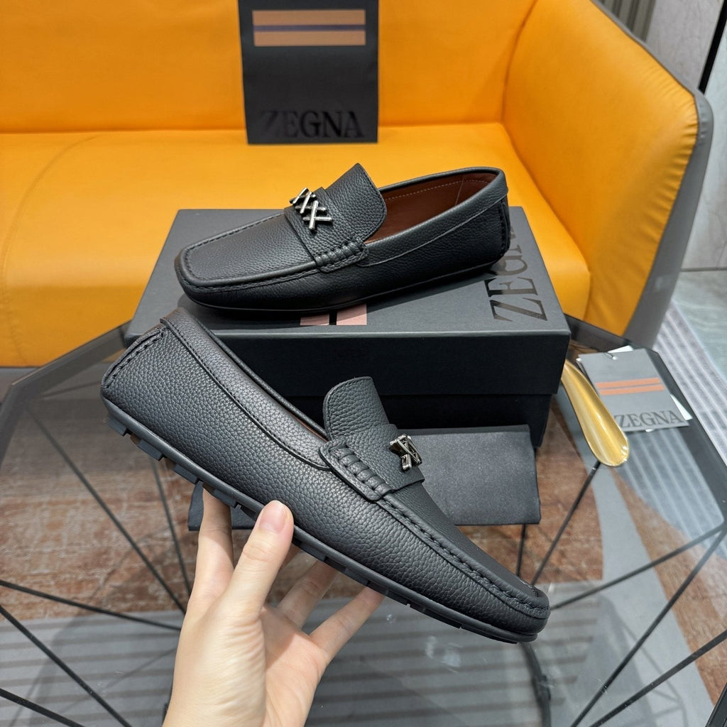 Zegna Black Cross-Stitch Driving Loafers