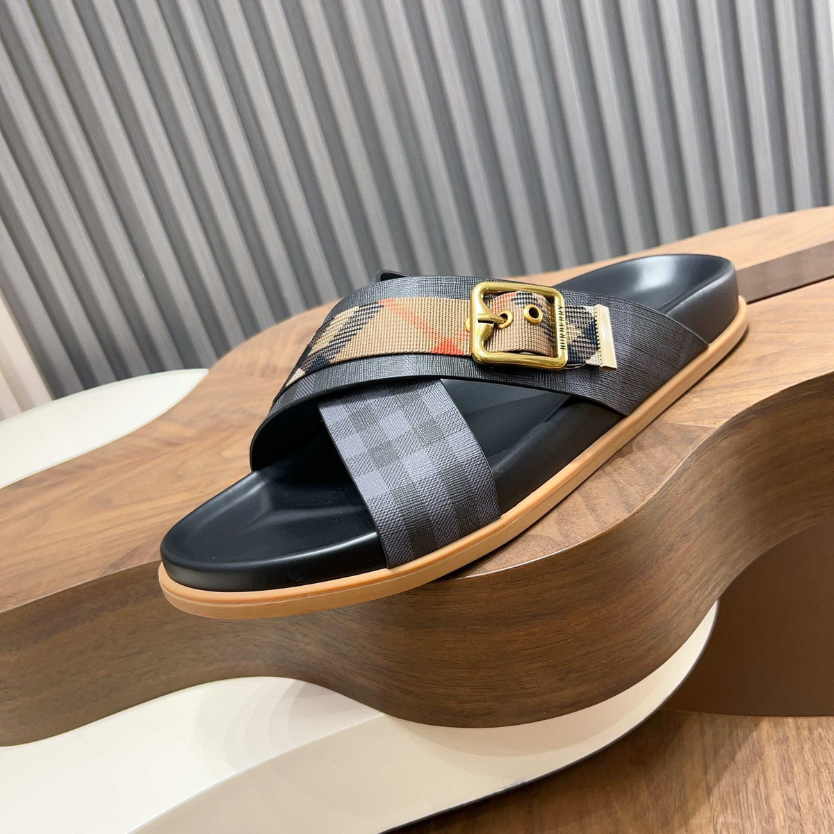 Burberry Charcoal Check Buckle Slide Sandals - Black and Charcoal Check