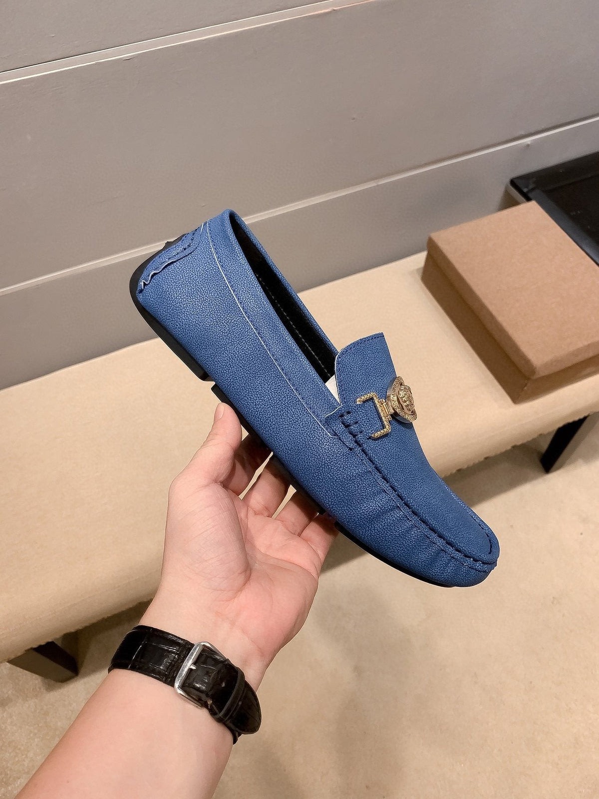 Versace Blue Gold-Hardware Loafers