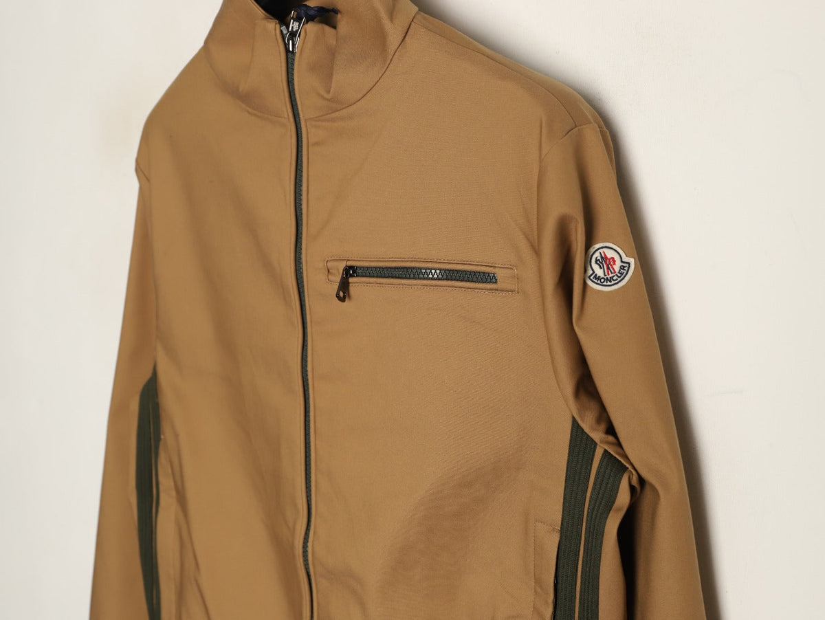 Moncler Contrast-Stripe Chest-Zip Jacket - Camel